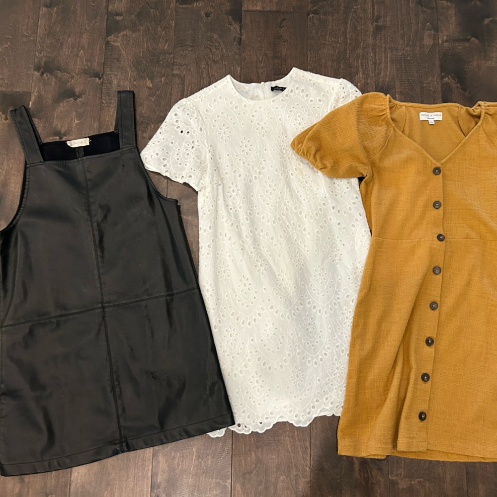 Black Sleeveless Top, White Eyelet Dress, Mustard Button-Down Dress